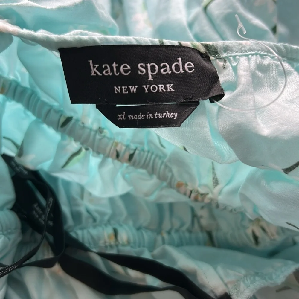 Kate Spade Whimsy Floral Puff sleeve Top Aqua White Flowers Shirt Ties Sz XL